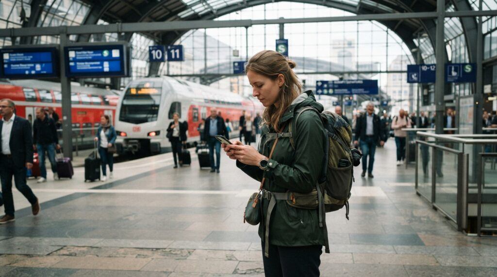 Solo backpacker using public transportation to save money while traveling
