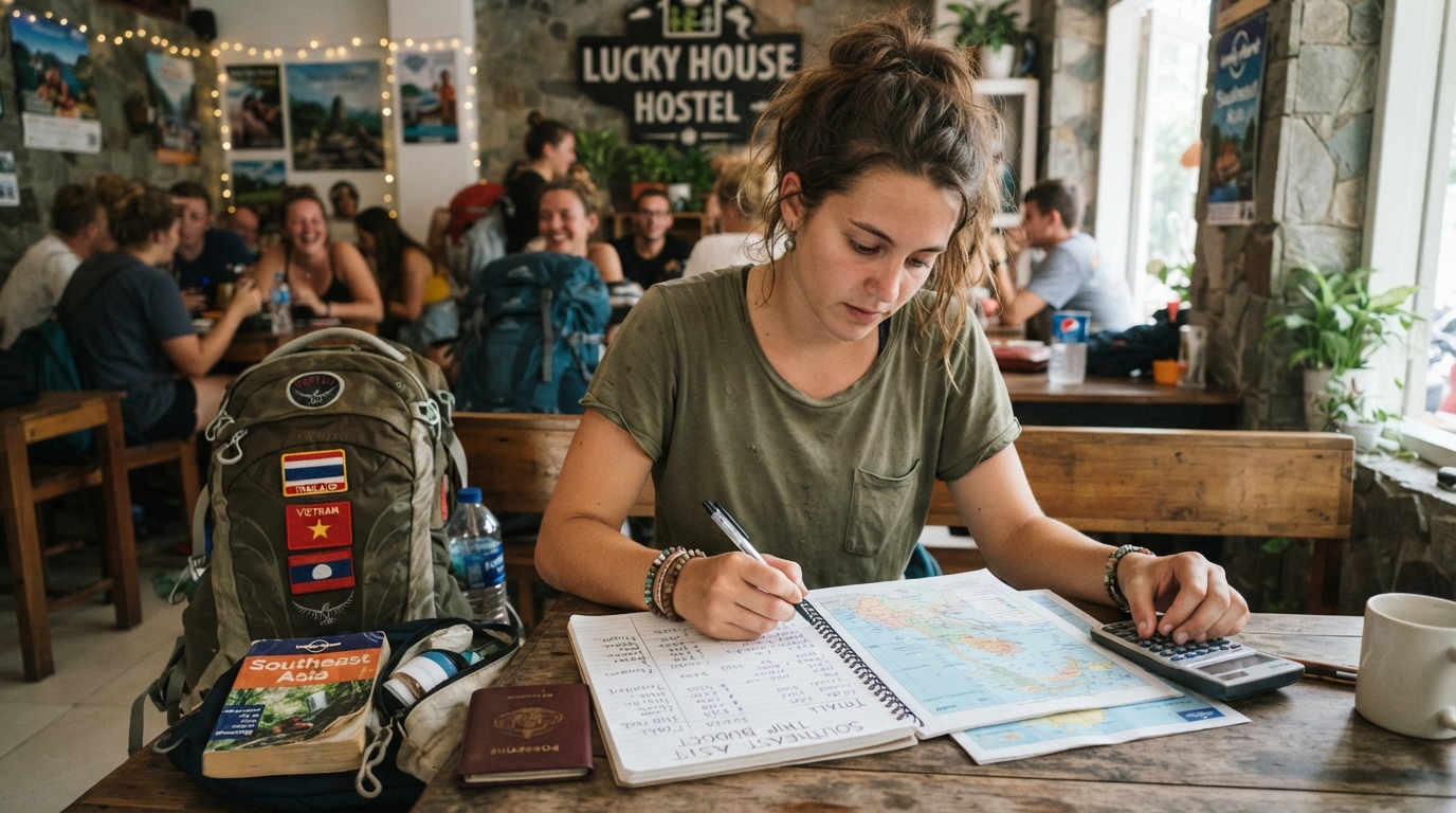 Solo backpacker reviewing a travel budget while planning an affordable trip