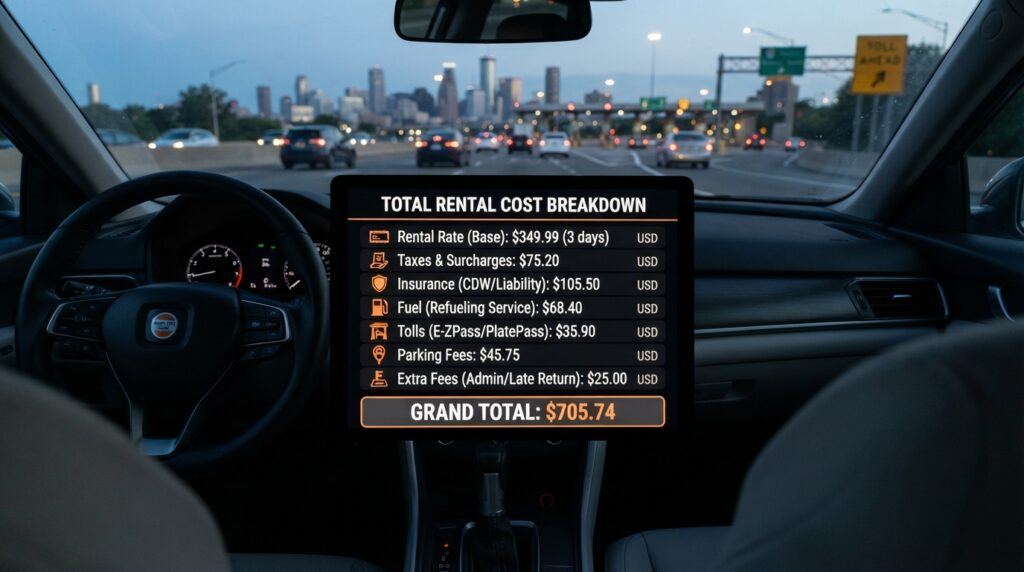 Public transit vs rental car comparison showing a rental car cost breakdown for a three-day trip, including insurance, fuel, tolls, parking, and fees.