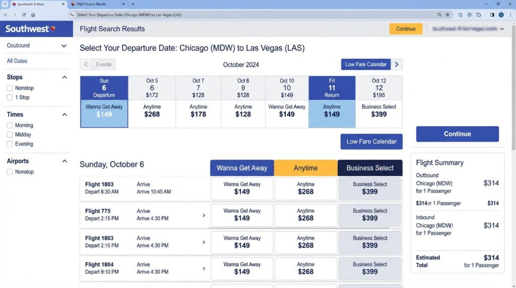 Comparing Southwest Airlines Low Fare Calendar dates on the website