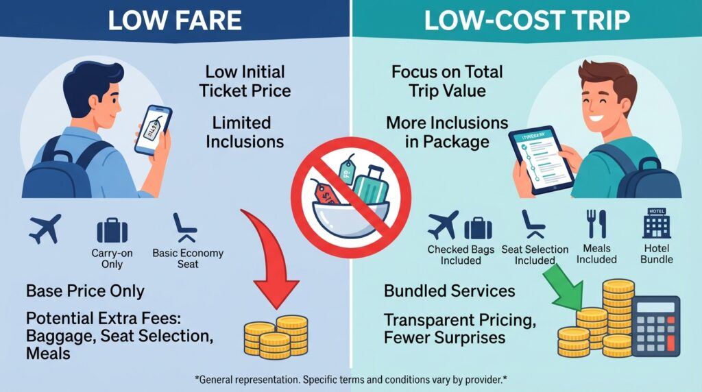 infographic, Don't confuse low cost air fare with a low cost trip