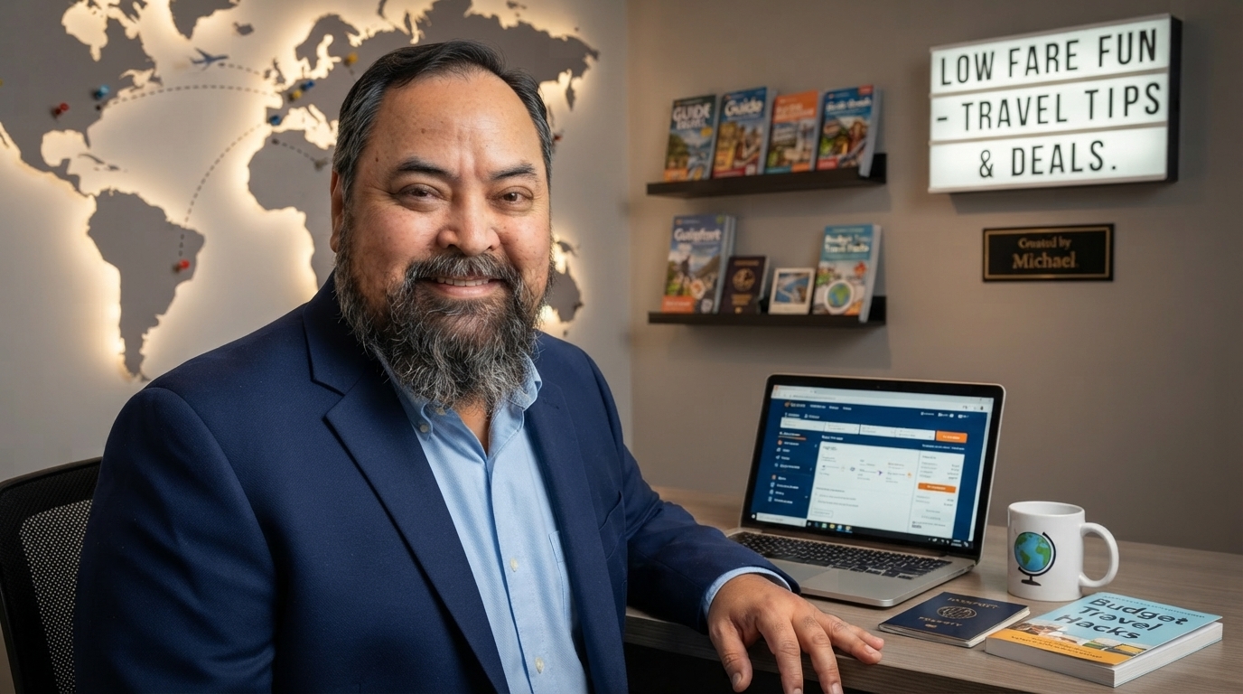 Michael, Founder of Low Fare Fun sitting at a desk