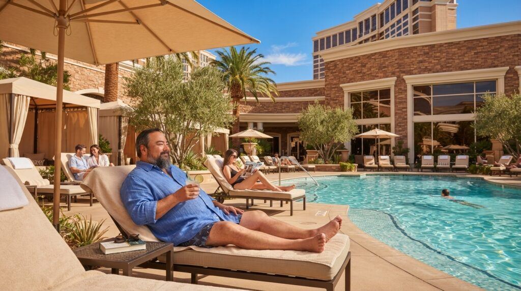 Relaxing by a Las Vegas resort pool during a midweek vacation