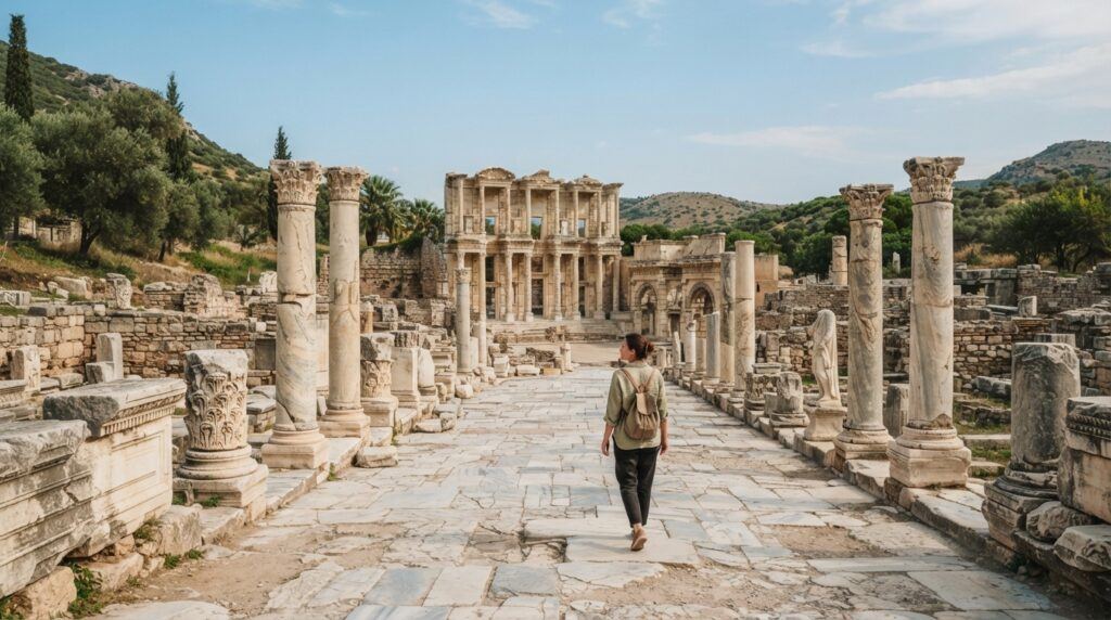 Traveler exploring ancient ruins during Izmir Turkey travel