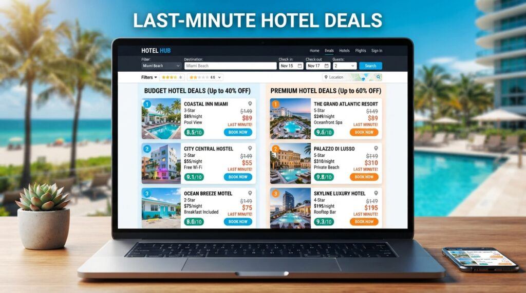 Laptop displaying budget and premium last-minute hotel deals beside a resort pool.