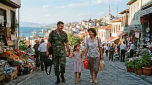 An American family walking through the streets in a bazzar in Izmir Turkey