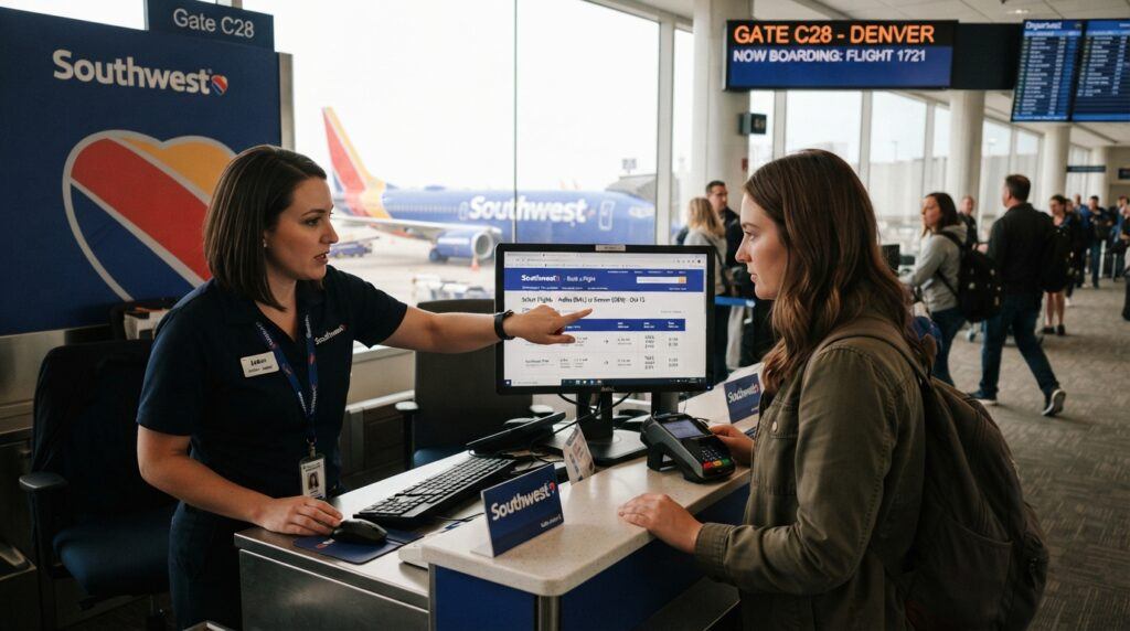Southwest employee showing customer how to watch the booking window.