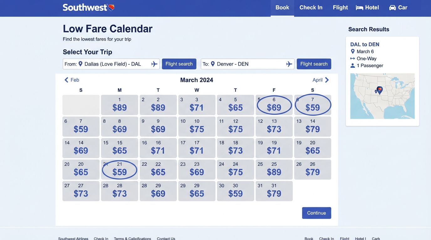 Southwest Airlines Low Fare Calendar displayed on a laptop beside a boarding pass and travel map