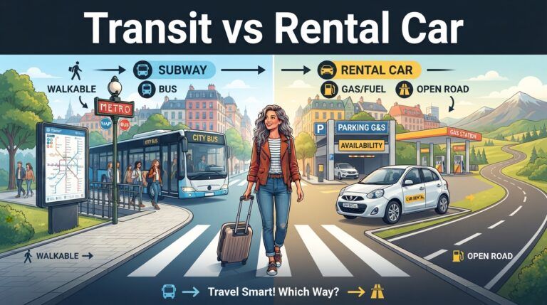 Public transit vs rental car Pinterest graphic comparing city buses, subway travel, and a compact rental car.