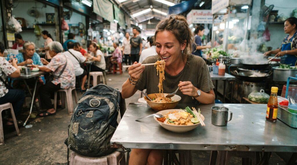 Solo traveler enjoying an inexpensive local meal while backpacking