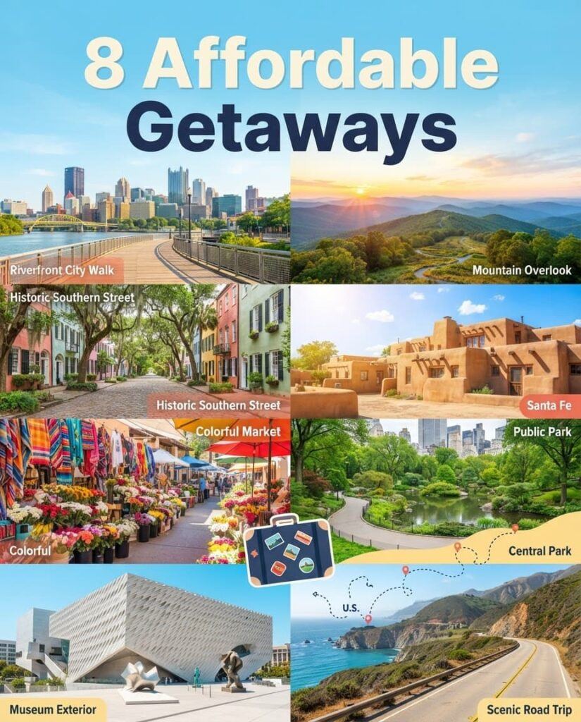 Pinterest graphic featuring 8 affordable weekend getaways in the United States