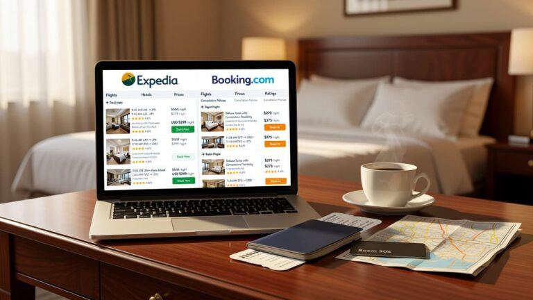Laptop comparing Expedia and Booking.com flights and hotels beside travel essentials.