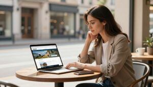 Woman booking travel on a laptop at an outdoor café with her passport and phone.
