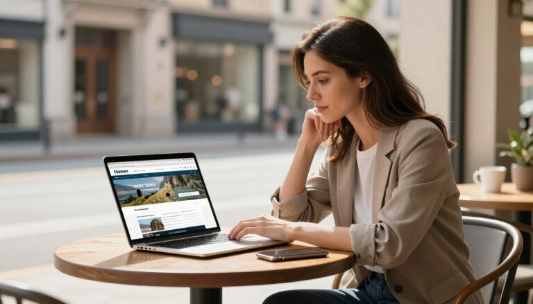 Woman booking travel on a laptop at an outdoor café with her passport and phone.