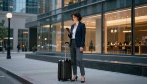 Businesswoman checking her phone outside a modern hotel with a suitcase at dusk for last minute hotel deals