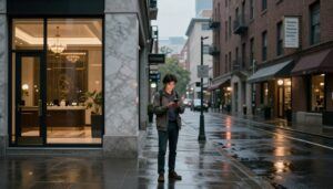 Traveler checking a phone between luxury and budget hotels at dusk.