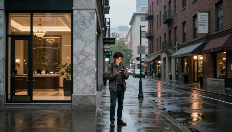 Traveler checking a phone between luxury and budget hotels at dusk.