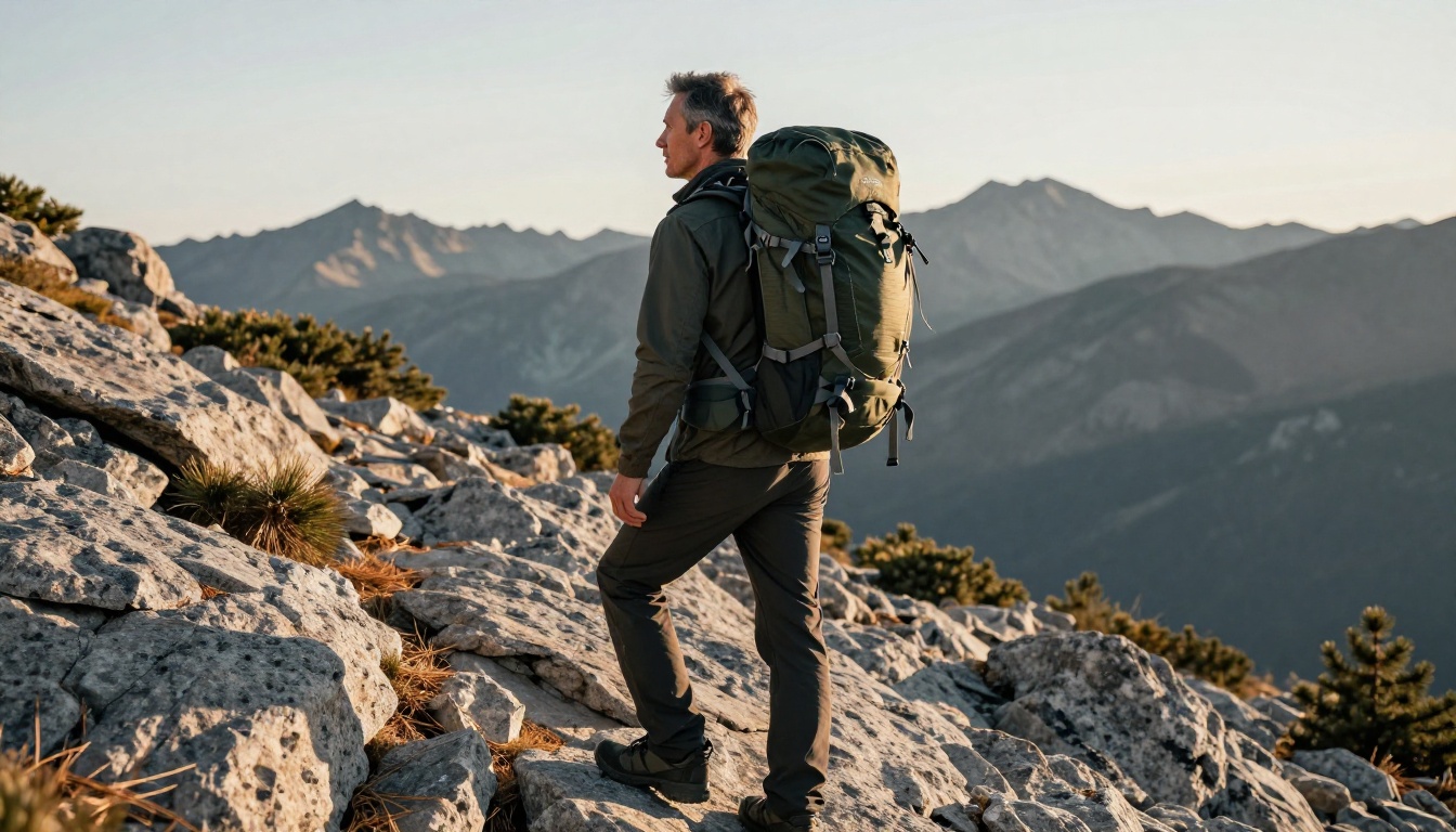 Hiker wearing a dark-green backpack on a rugged alpine trail.