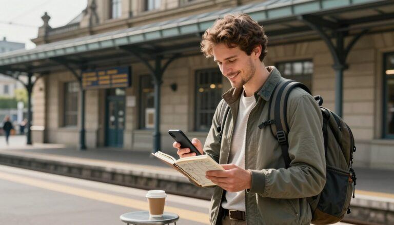 Traveler checking a phone map beside a budget notebook at a European train station because he saved money and is able to have more fun.