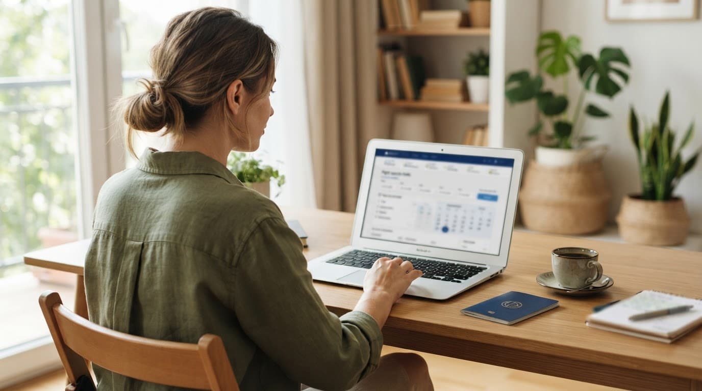 Traveler comparing flights on a laptop with a passport and coffee nearby.