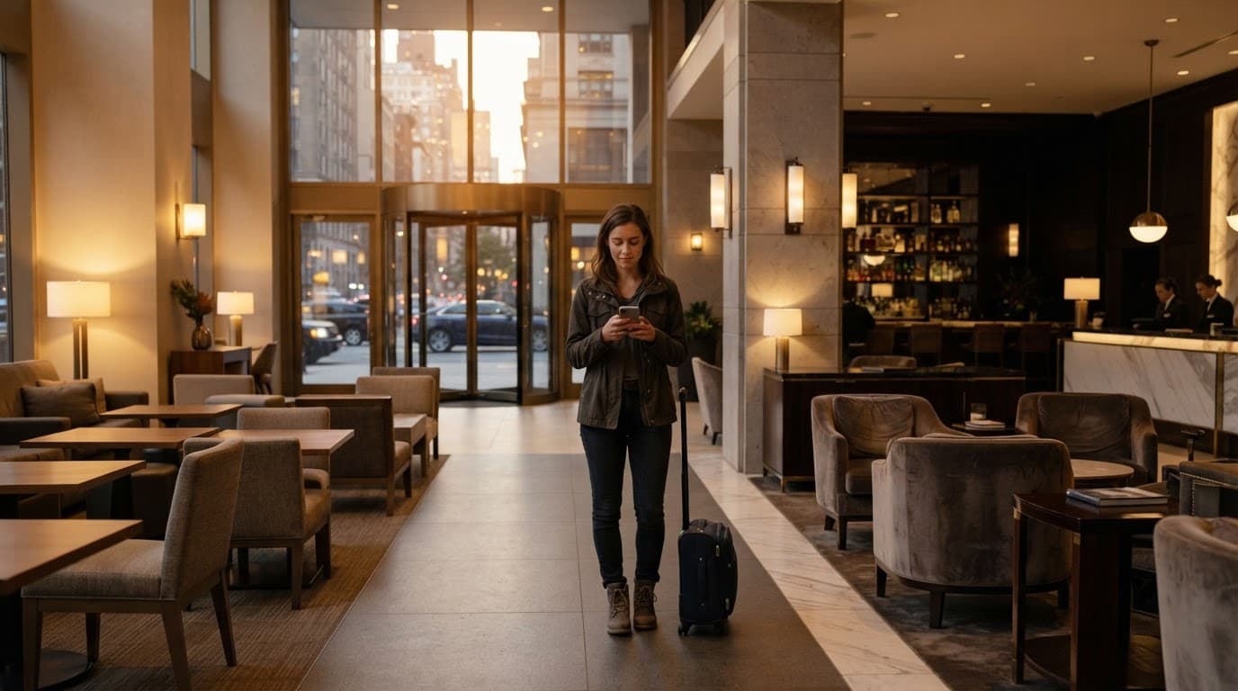 A traveler compares hotel options between budget and premium seating areas.