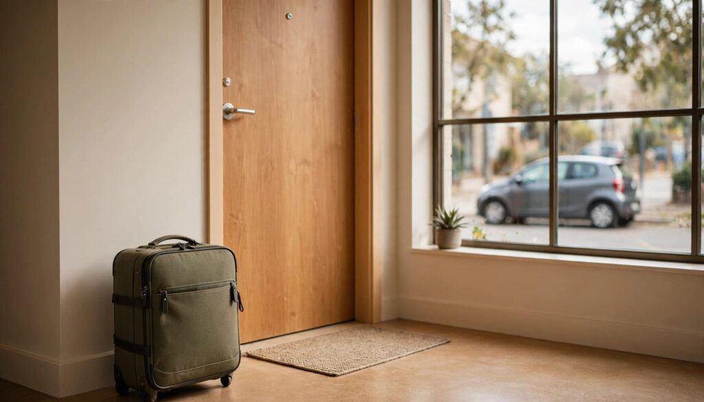 Suitcase beside a hotel door with a car visible through a window while considering Booking.com hotel deals.