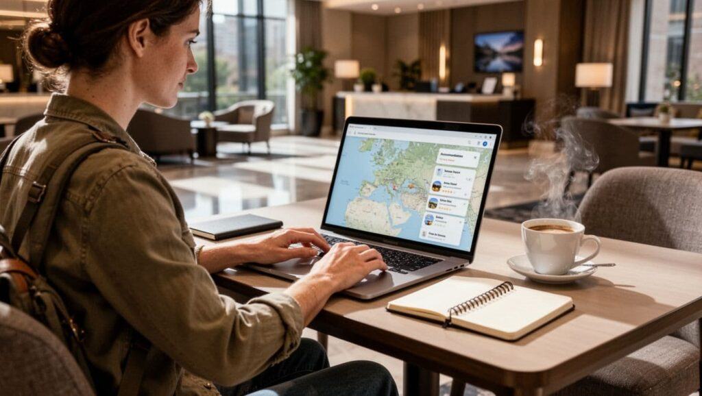 A traveler compares hotels on a laptop beside a notebook and coffee learning hot to use agoda