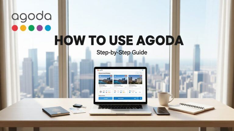 Laptop on a desk showing the Agoda booking website with the headline "How To Use Agoda: Step-by-Step Guide" and a city skyline view in the background.
