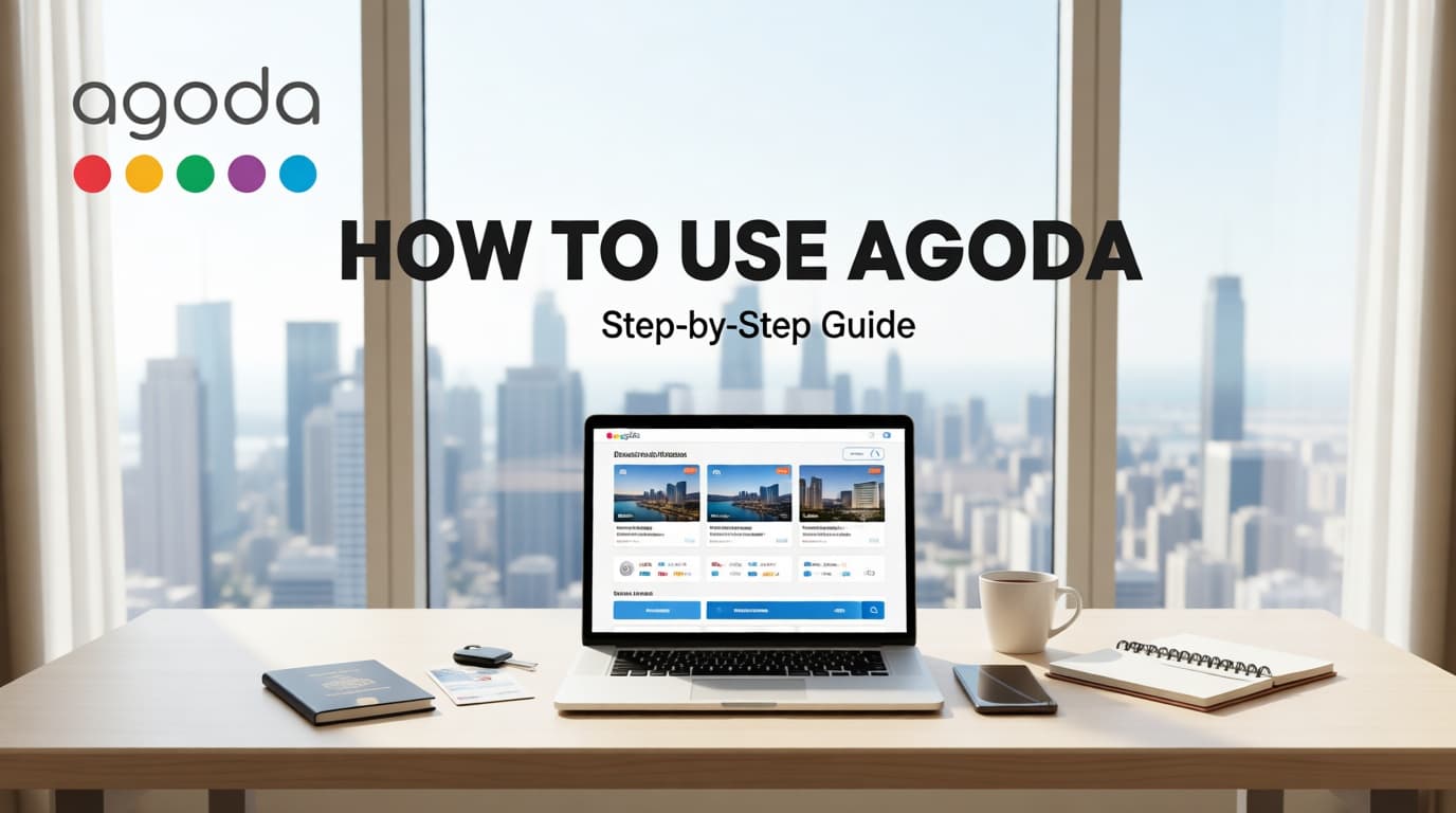 Laptop on a desk showing the Agoda booking website with the headline "How To Use Agoda: Step-by-Step Guide" and a city skyline view in the background.