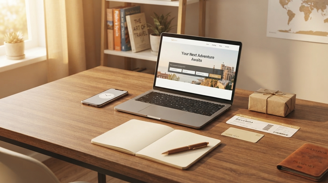 Cozy desk with laptop and travel planning items for my affiliate disclosure page