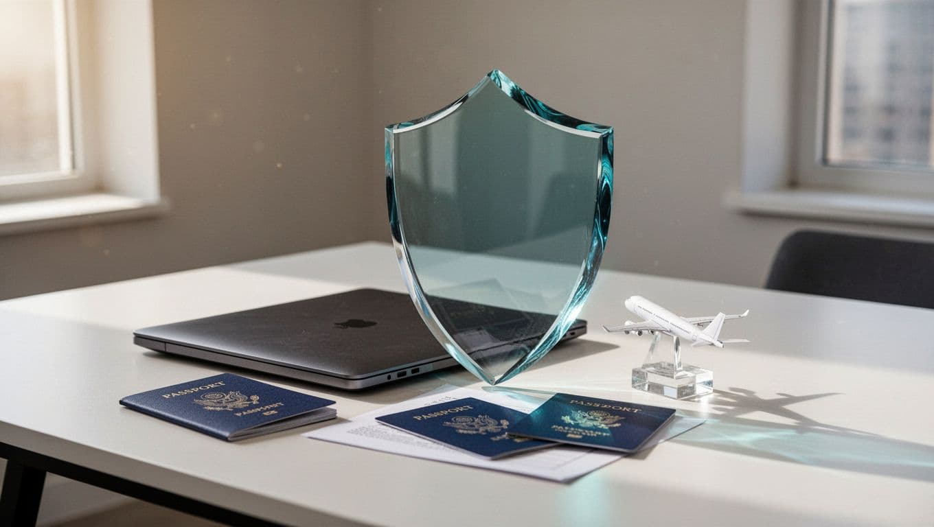 Low Fare Fun privacy policy page with a laptop, passport, airplane paperweight, and glass shield