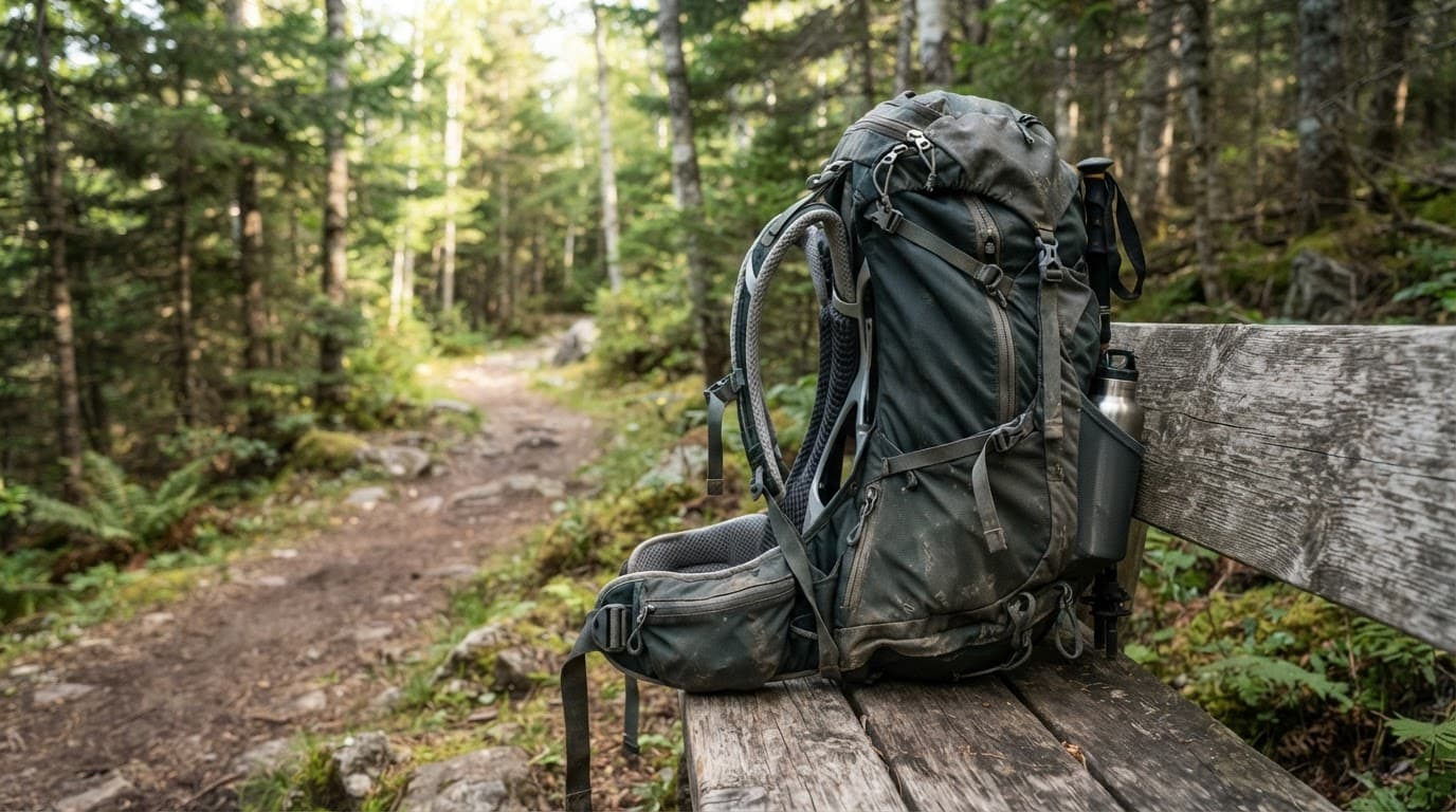 A worn hiking backpack sits on a wooden bench beside a forest trail.