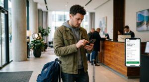 Traveler using a phone to contact Agoda customer service about a hotel booking