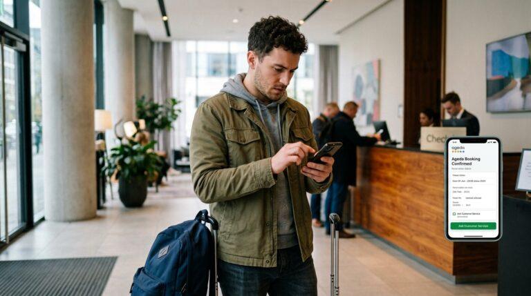 Traveler using a phone to contact Agoda customer service about a hotel booking