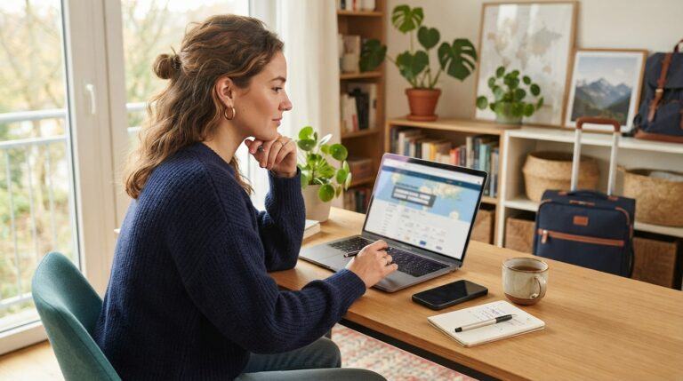 Traveler comparing cheap flights and last-minute hotel prices
