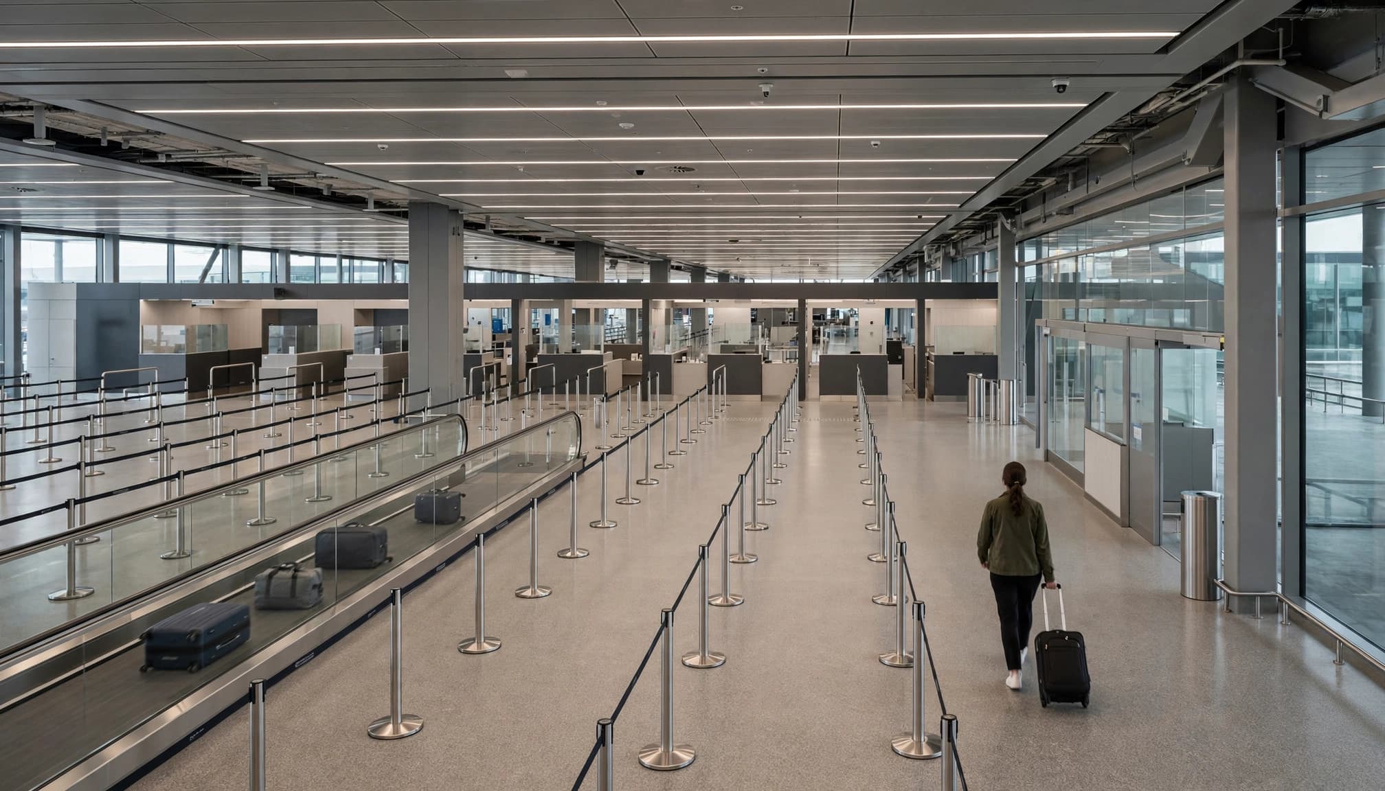 A traveler walks with a small suitcase toward airport customs lanes.