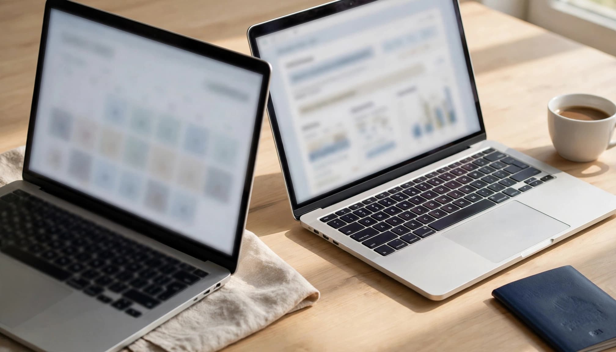 Two laptops show blurred flight search screens beside a coffee cup and passport.