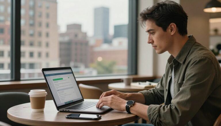 Traveler checking a hotel booking on a laptop beside coffee, a phone, and a notebook.