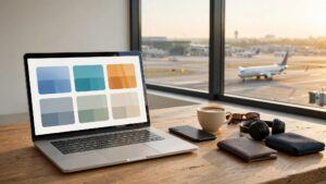 Laptop showing flight options beside travel items, with a plane outside the window.