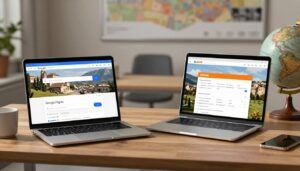 Laptop comparing Google Flights and KAYAK beside coffee and a small globe.