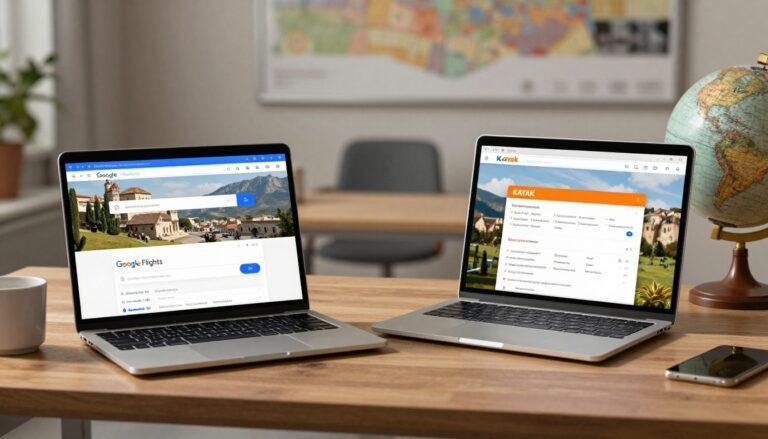 Laptop comparing Google Flights and KAYAK beside coffee and a small globe.