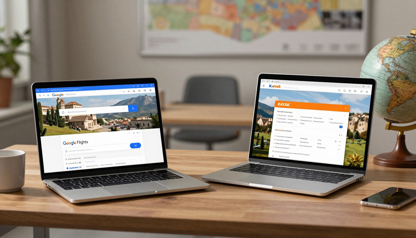 Laptop comparing Google Flights and KAYAK beside coffee and a small globe.
