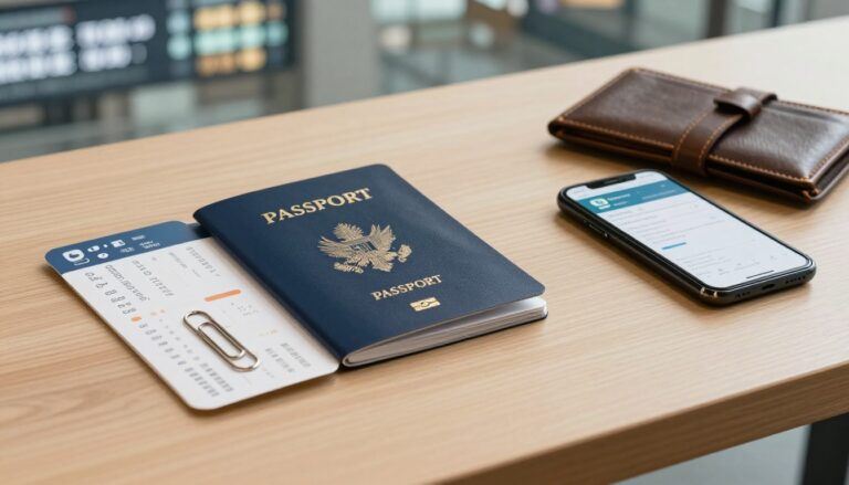 A passport, travel papers, phone, and wallet arranged on a wooden desk.