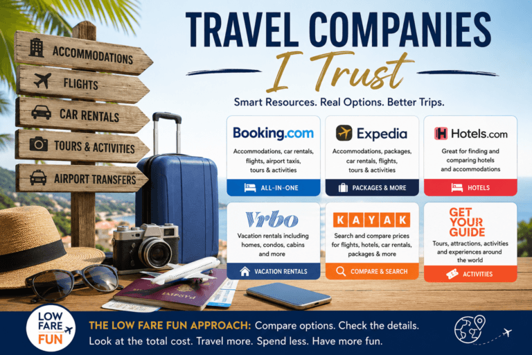 Travel companies trusted by Low Fare Fun for flights, hotels, vacation rentals, car rentals, and activities
