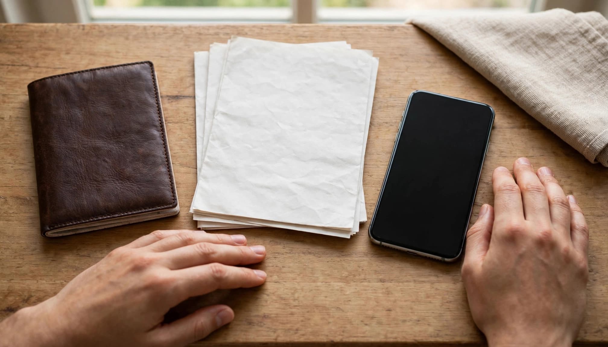 A passport, itinerary, paper copies, and phone on a dining table.