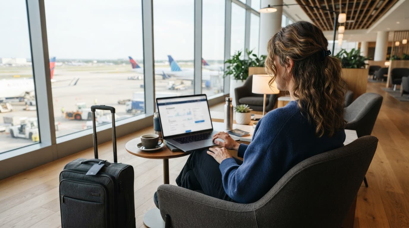 Traveler comparing flights on a laptop in a bright airport lounge with coffee and luggage nearby.