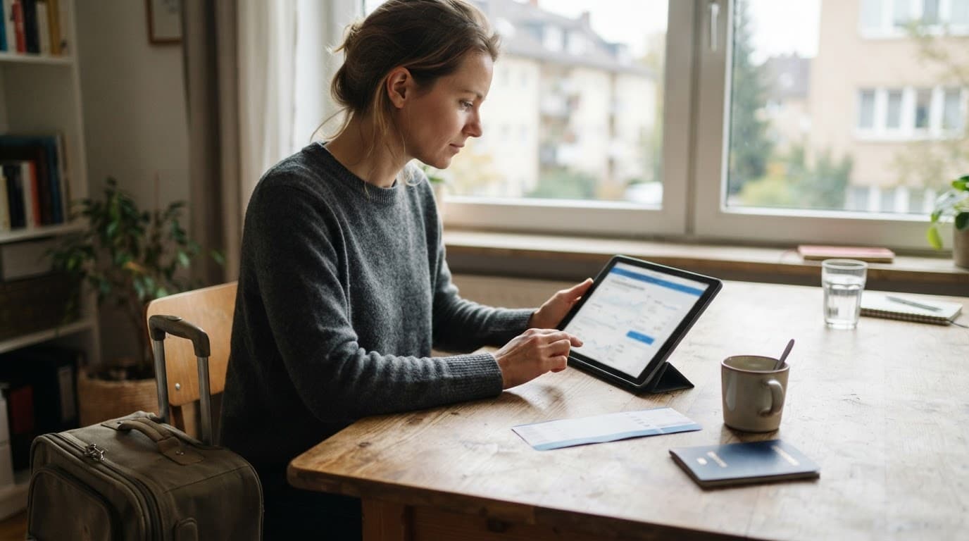 Traveler checks fares on a tablet beside a boarding pass, coffee, and small carry-on.
