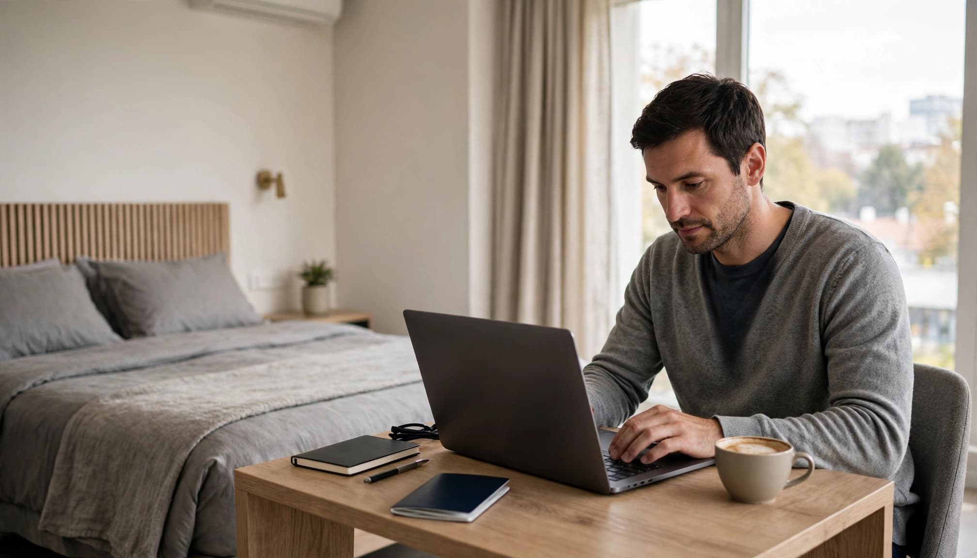 Traveler checking a laptop beside a passport and coffee in a hotel room.
