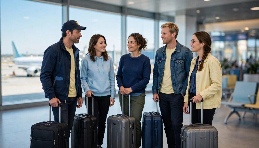 A group leader meets four travelers with their carry-on suitcases at the airport.