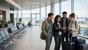 Four travelers check plans beside three suitcases in a bright airport terminal with a plane outside